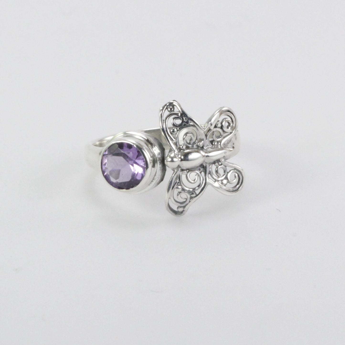 bypass ring 925 sterling silver with amethyst and filigree butterfly