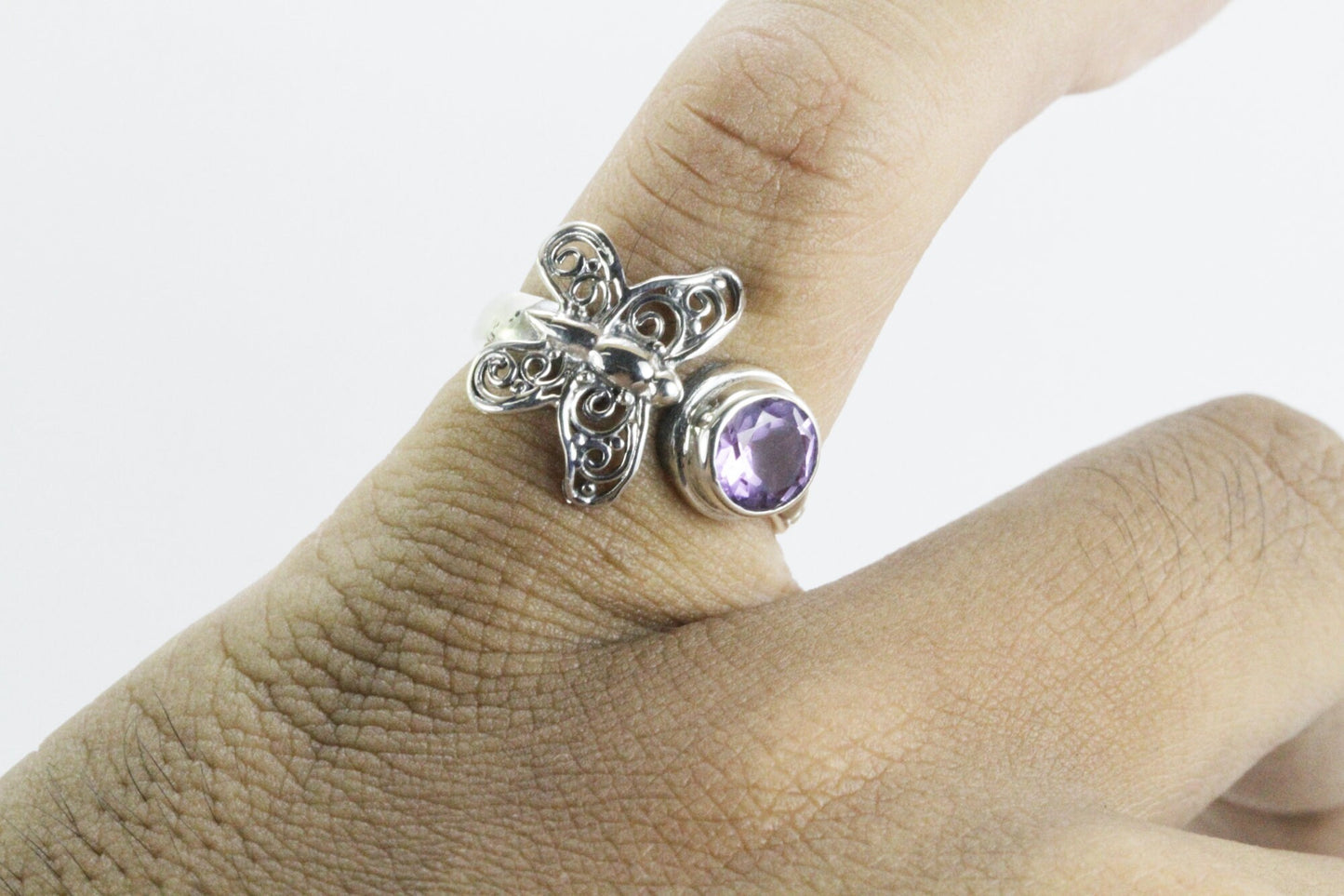 bypass ring 925 sterling silver with amethyst and filigree butterfly