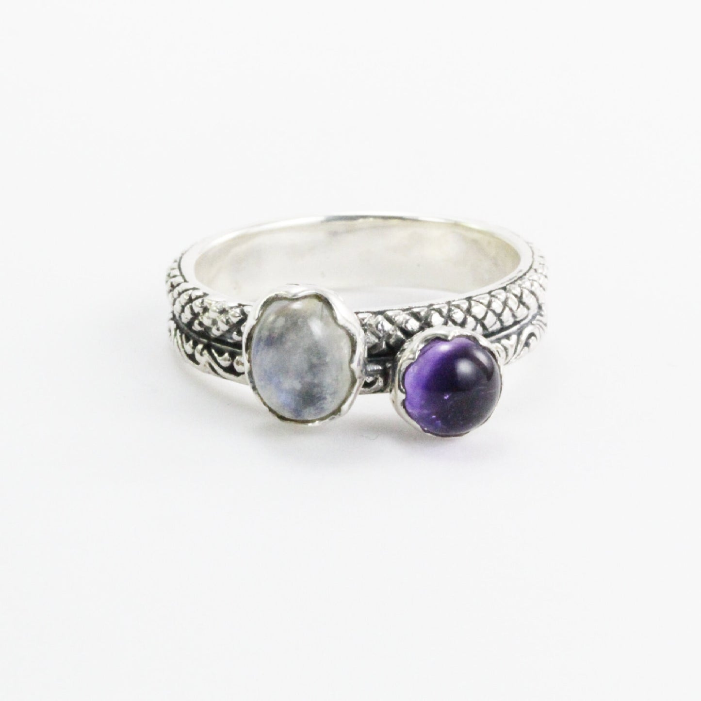 Two stone ring 925 sterling silver moonstone and amethyst, stackable ring filigree