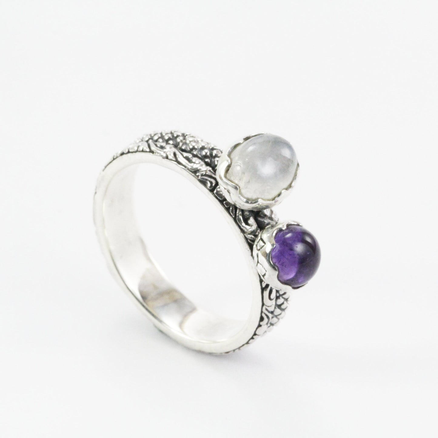Two stone ring 925 sterling silver moonstone and amethyst, stackable ring filigree