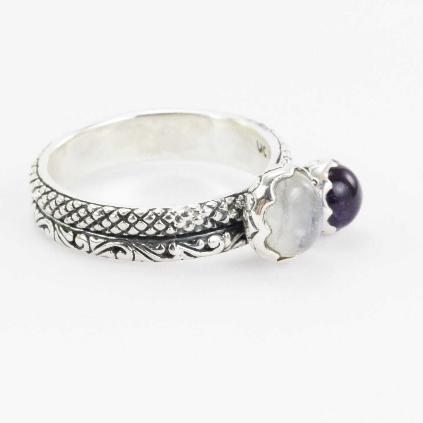Two stone ring 925 sterling silver moonstone and amethyst, stackable ring filigree