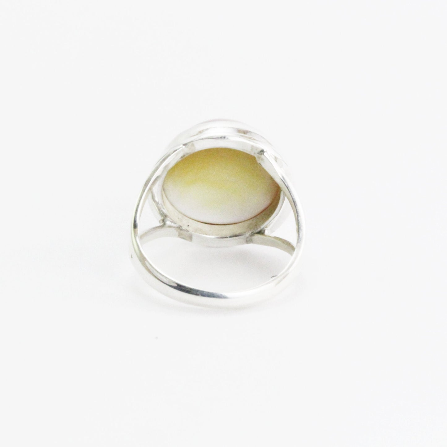 Golden mabe pearl 16 mm set in 925 sterling silver ring, handmade split band ring with gold mabe pearl
