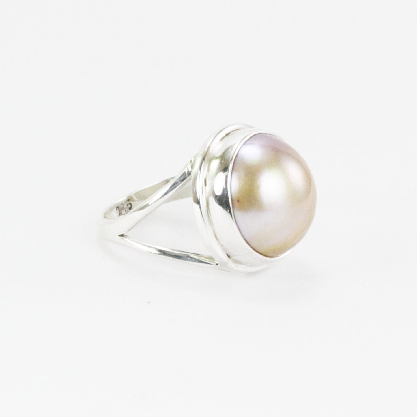 Golden mabe pearl 16 mm set in 925 sterling silver ring, handmade split band ring with gold mabe pearl