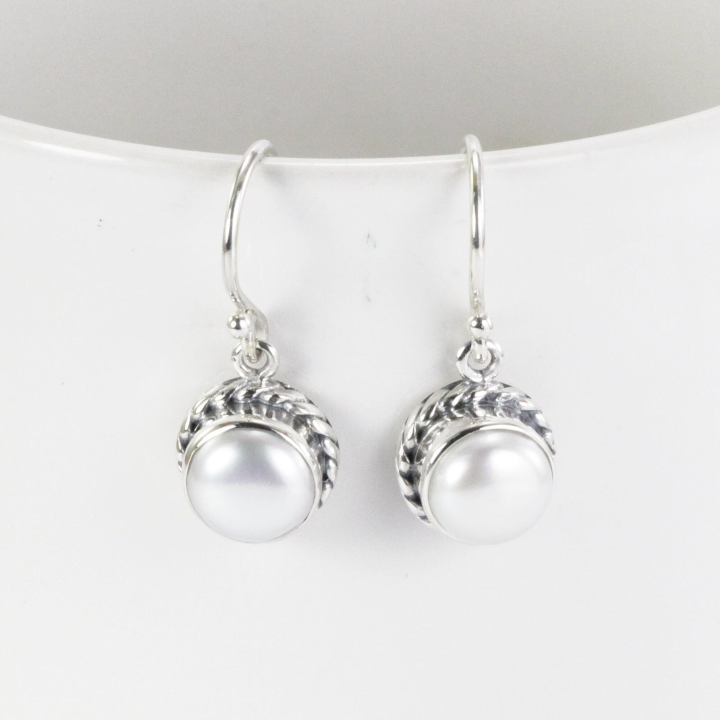 fresh water pearl earrings dangle set in 925 sterling silver, round pearl earrings