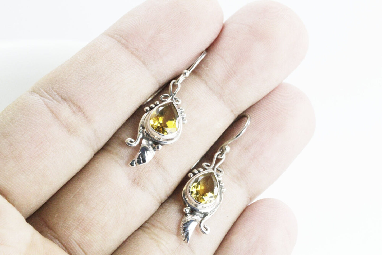 Leaf earrings 925 sterling silver dangle with genuine yellow citrine, teardrop earrings