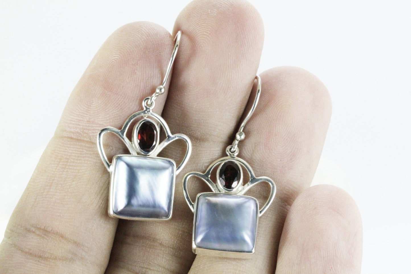 mabe pearl earrings in 925 sterling silver dangle, square pearl earrings with garnet