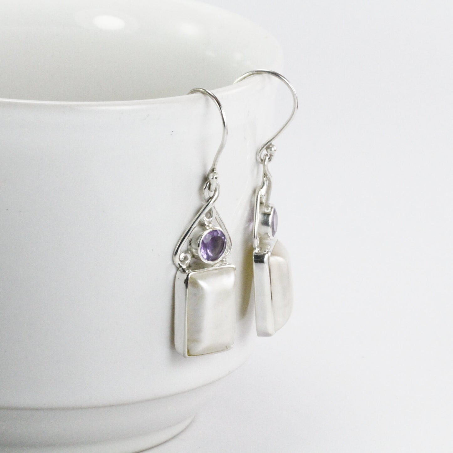 white mabe pearl earrings dangle 925 sterling silver with genuine amethyst,