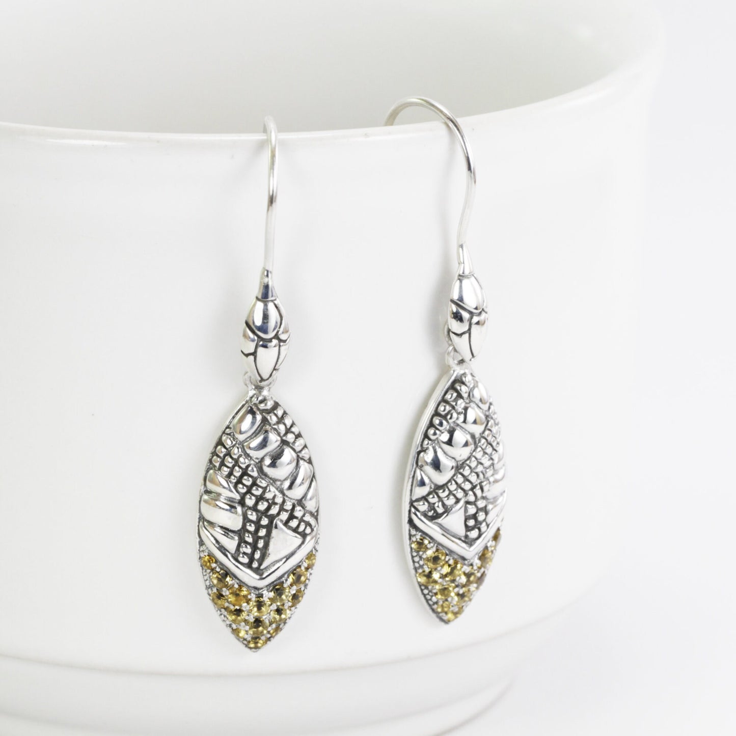 Marquise shape earrings dangle drop in 925 sterling silver with genuine yellow citrine