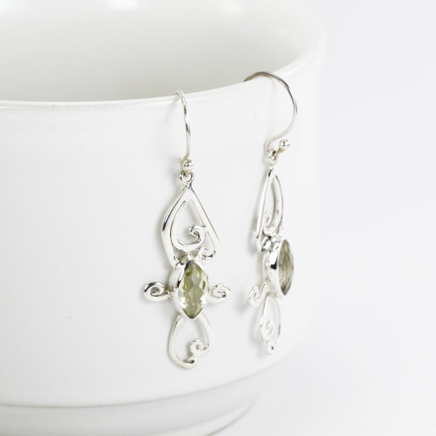 Lemon quarts earrings dangle set in 925 sterling silver decorated with elegant swirl filigree