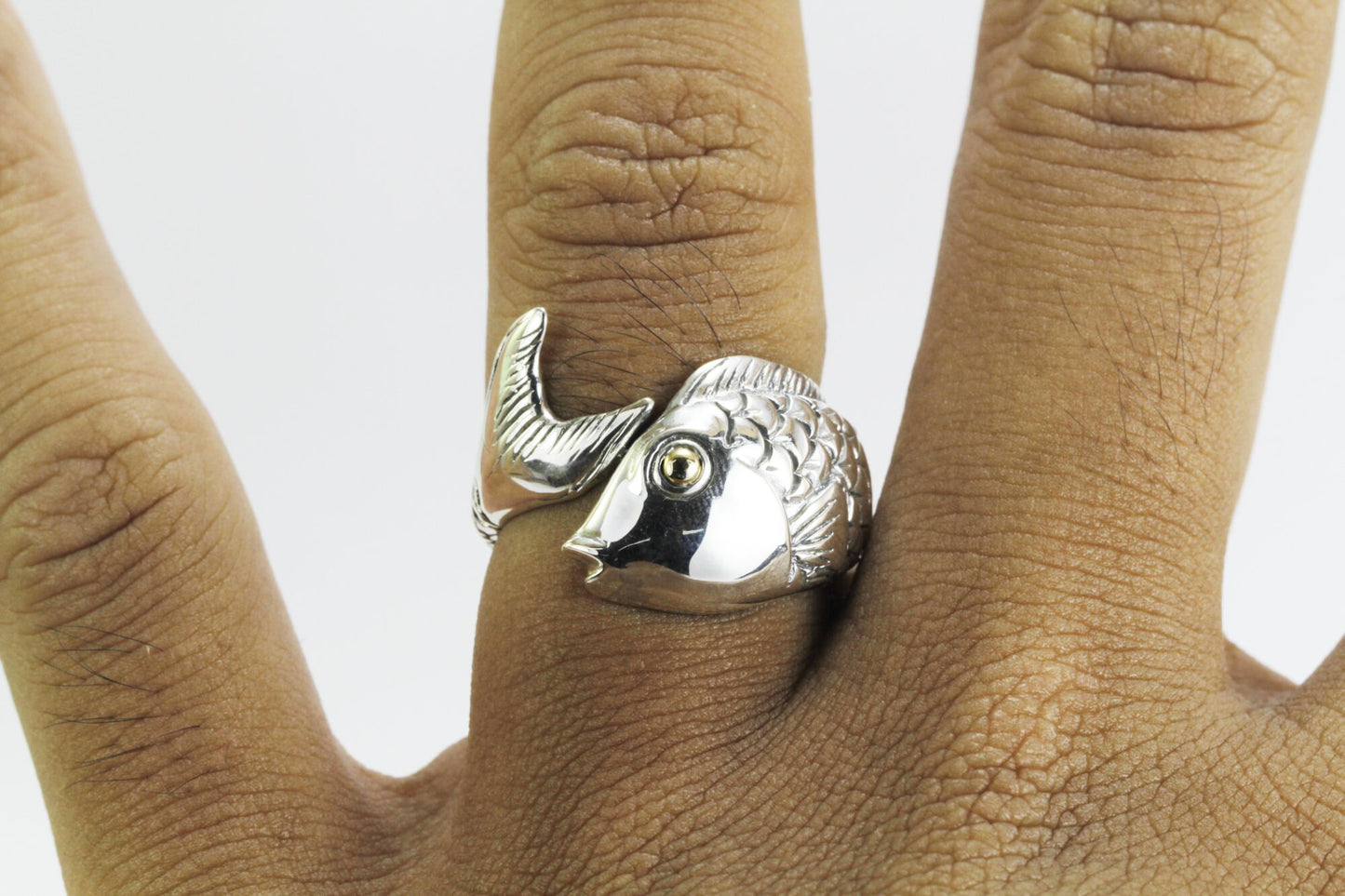 Fish ring 925 sterling silver decorated 18K real gold, animal ring