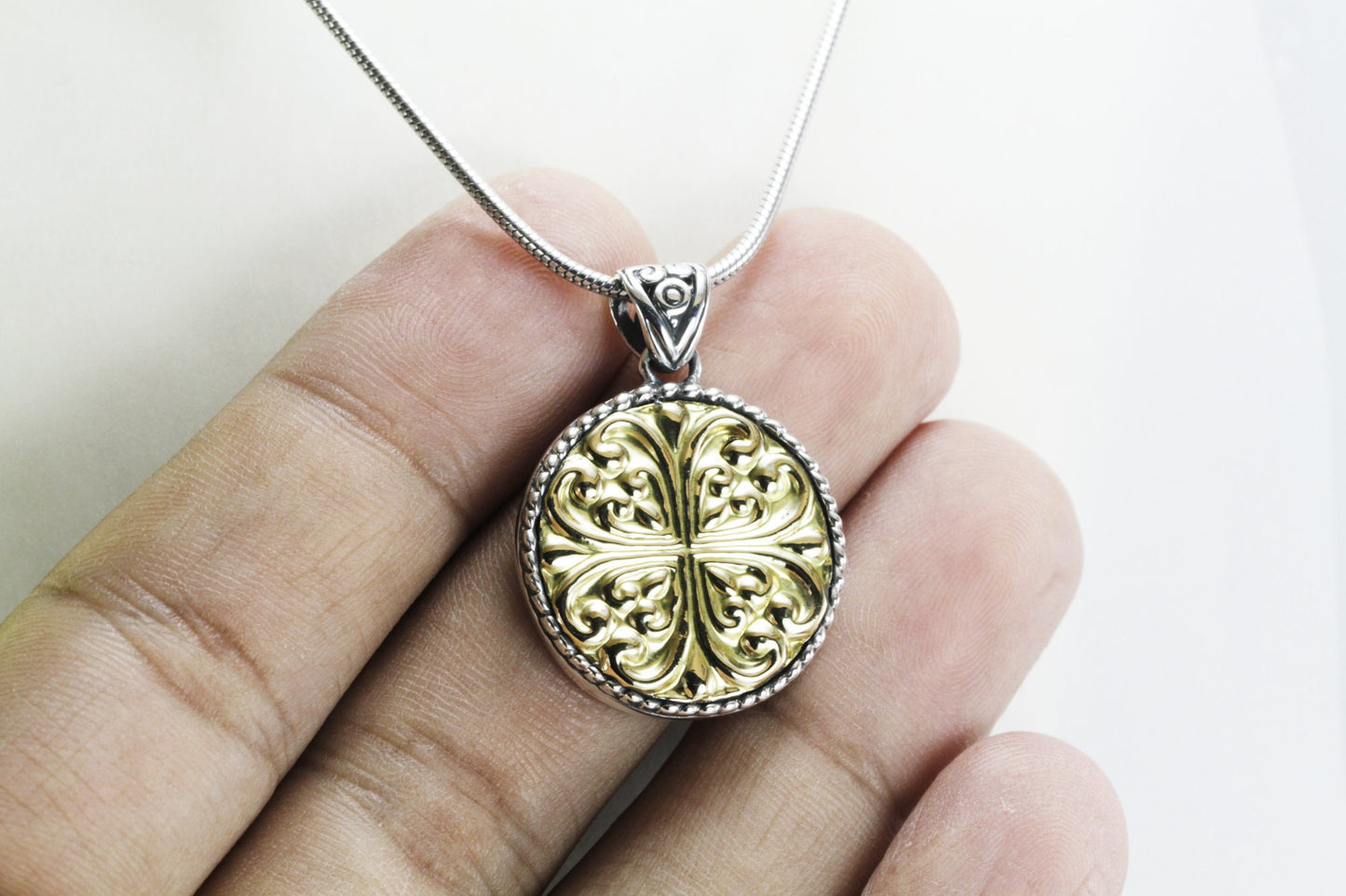 Medallion necklace pendant 18K gold on 925 sterling silver, coin pendant style filigree art real yellow gold