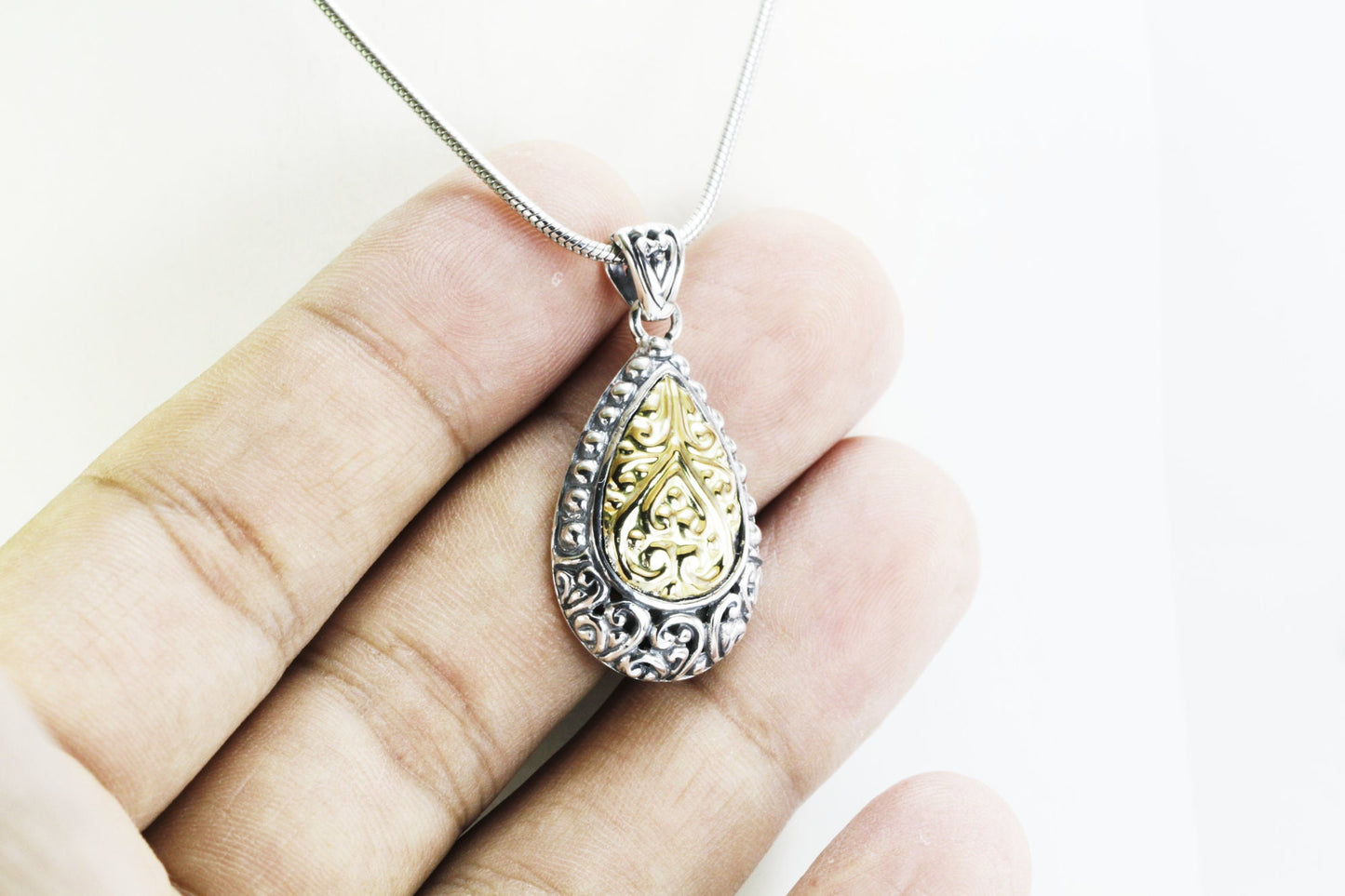 Teardrop pendant necklace real 18K gold on 925 sterling silver , two tone pendant