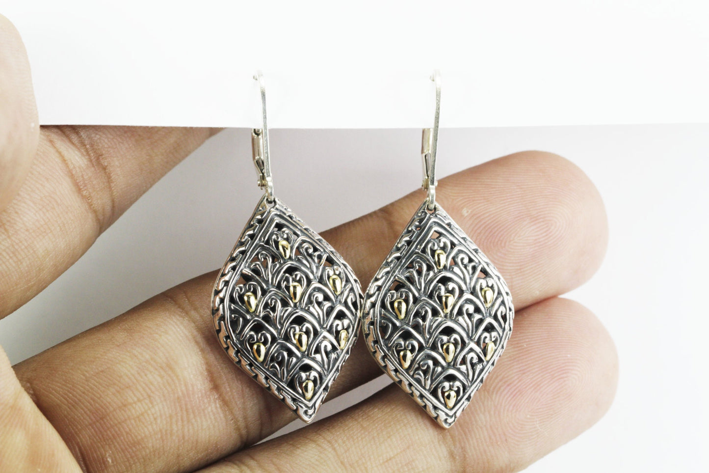 filigree earrings dangle 925 sterling silver decorated with Dragon skin art and 18K yellow gold franch lock