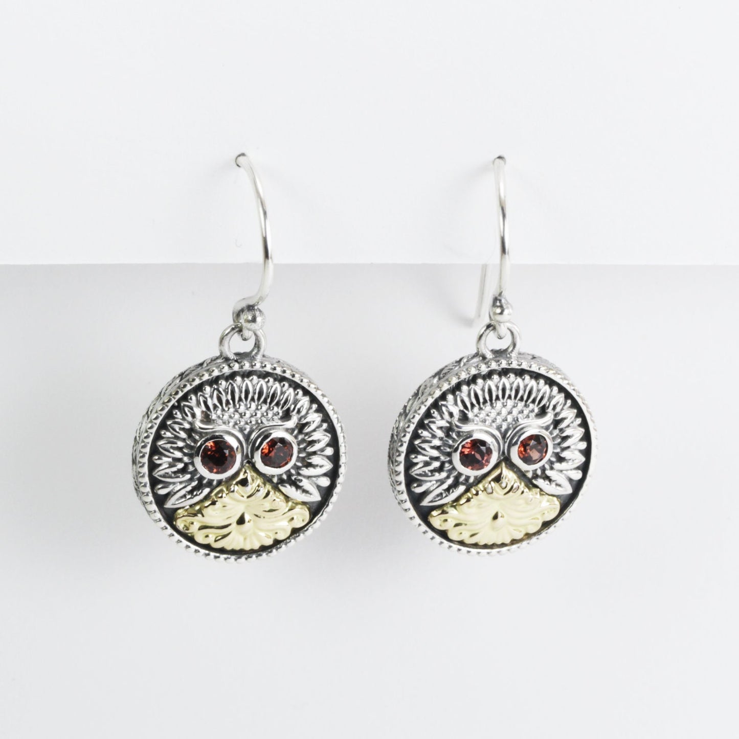 Owl bird earrings 925 sterling silver combined with real gold 18K dangle drop