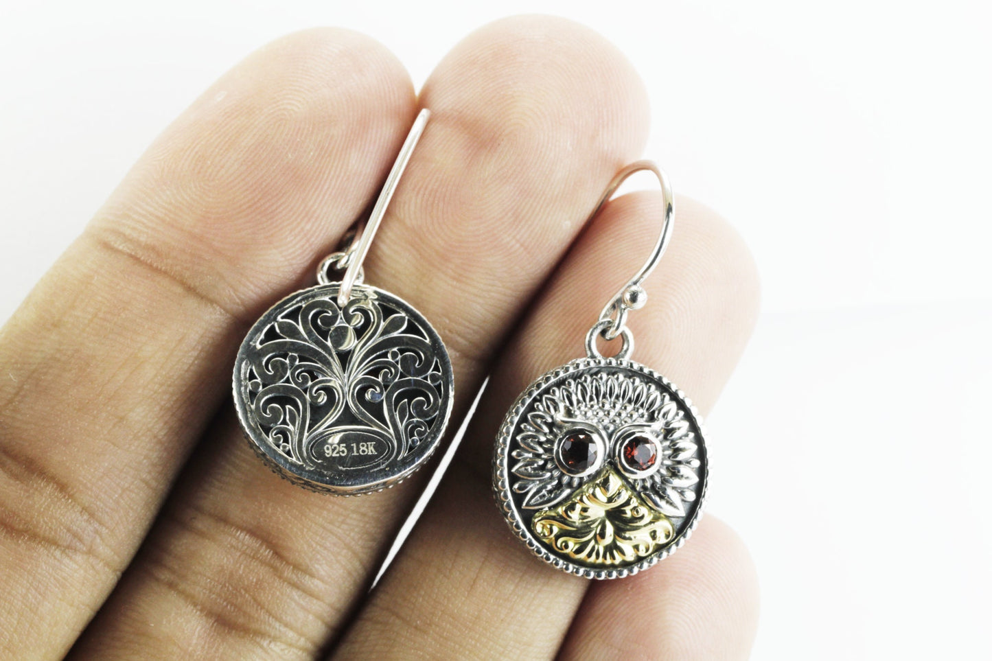 Owl bird earrings 925 sterling silver combined with real gold 18K dangle drop