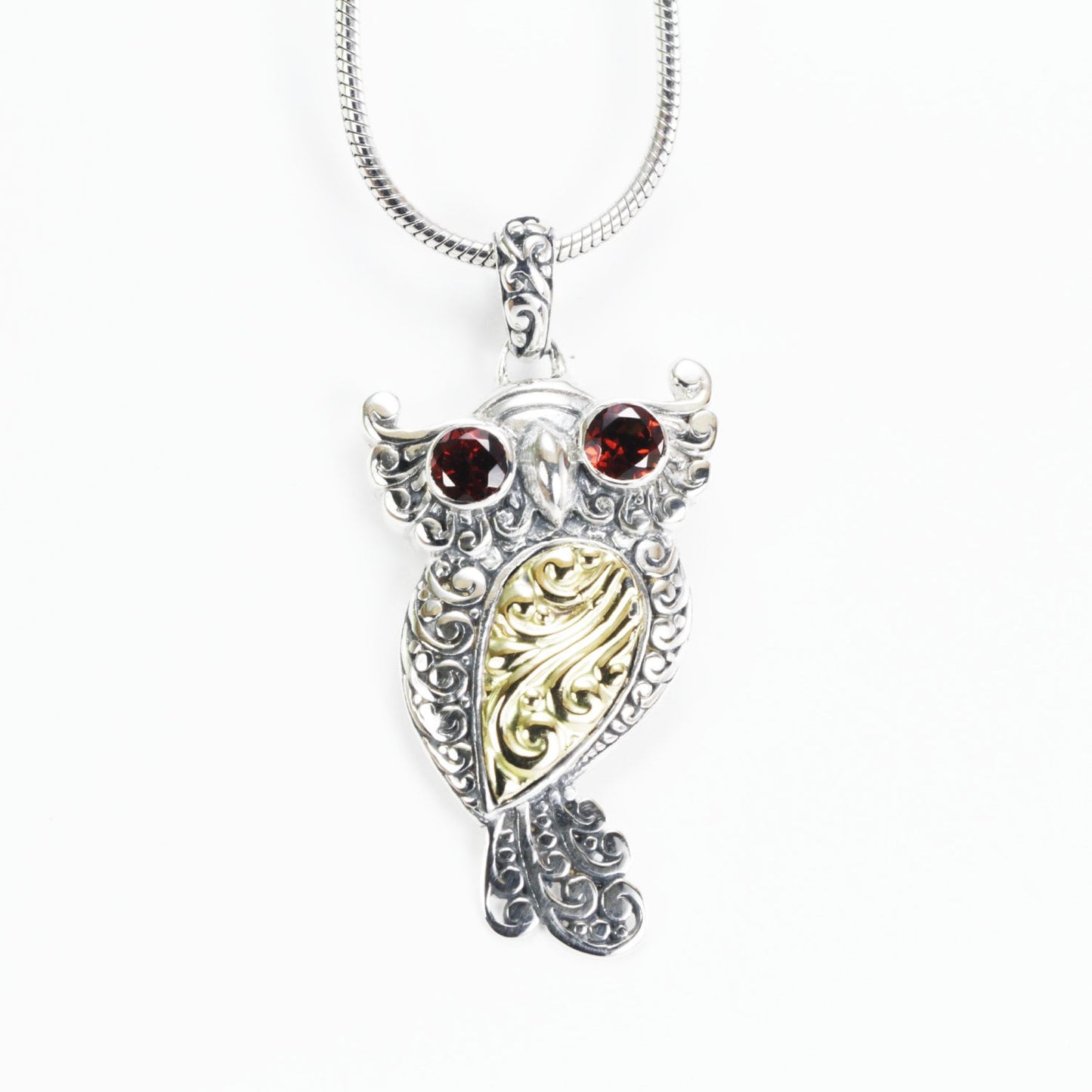 Owl Bird Pendant necklace 18K yellow gold in 925 sterling silver dangle with genuine red garnet on the eyes