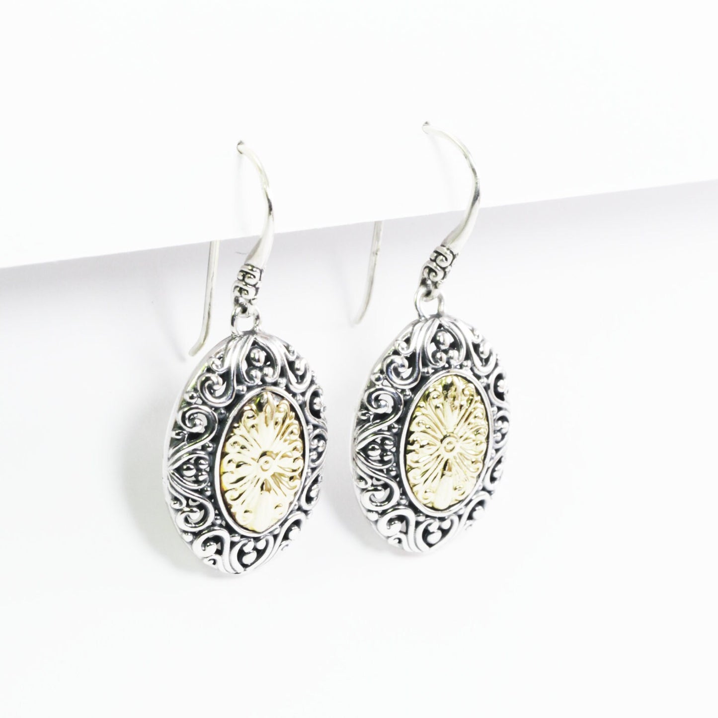 antique Two tone earrings with 18K yellow gold combined with 925 sterling silver, oval earrings dangle