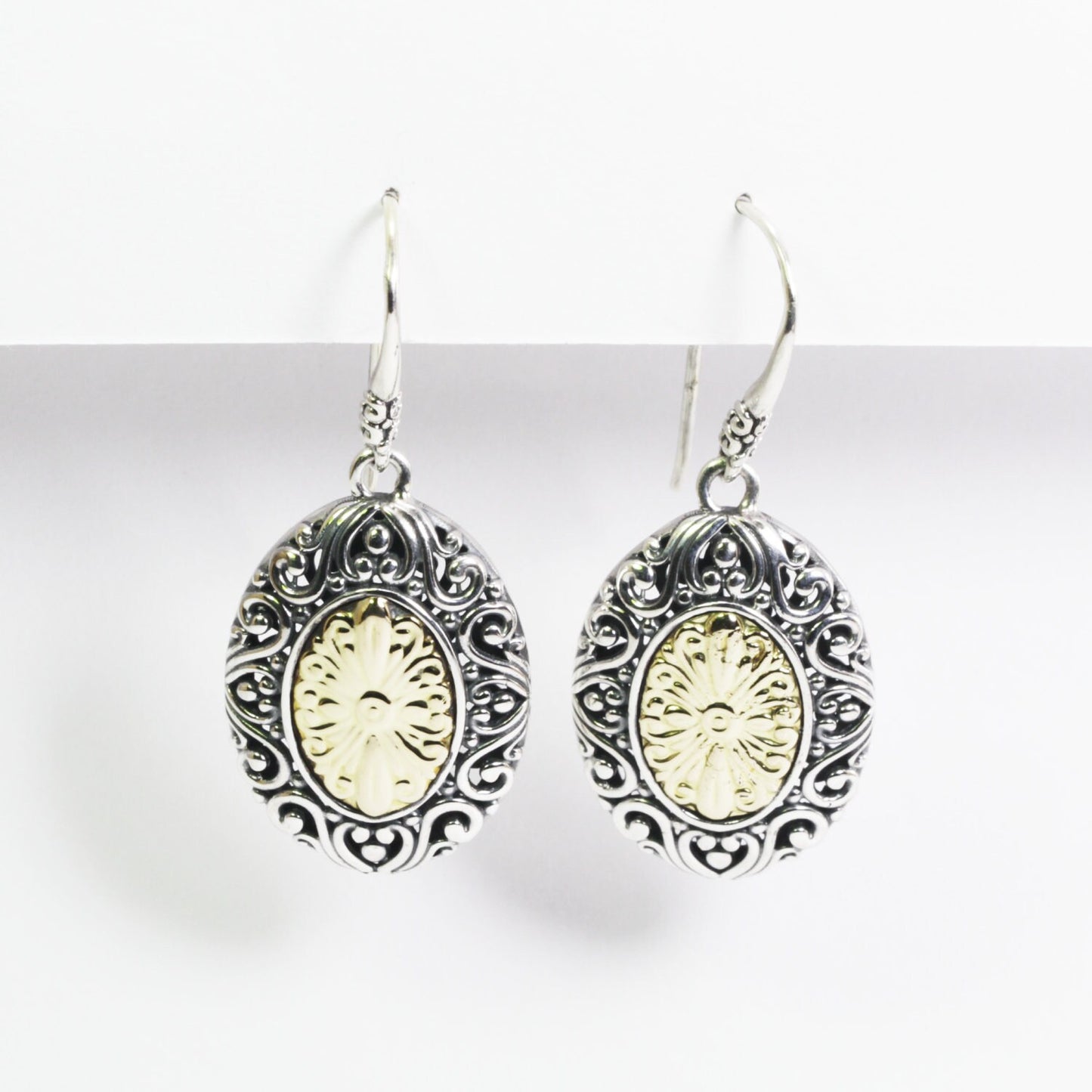 antique Two tone earrings with 18K yellow gold combined with 925 sterling silver, oval earrings dangle