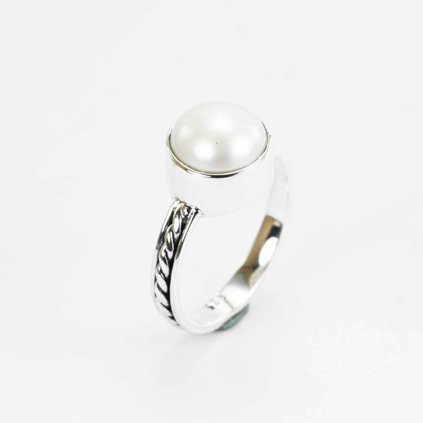 Fresh water pearl ring set in 925 sterling silver, cable rope ring with pearl