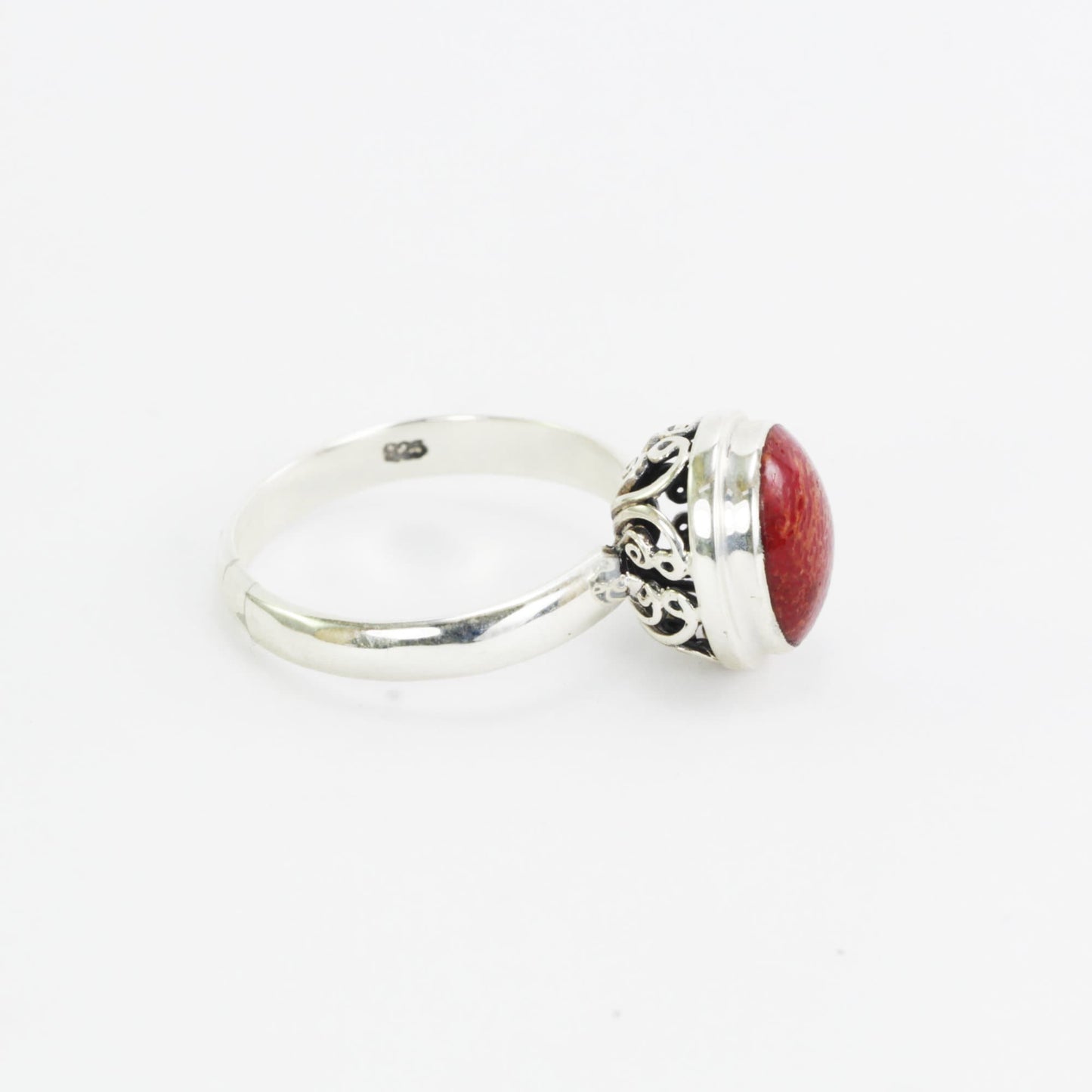 Red coral ring 925 sterling silver decorated with handmade filigree