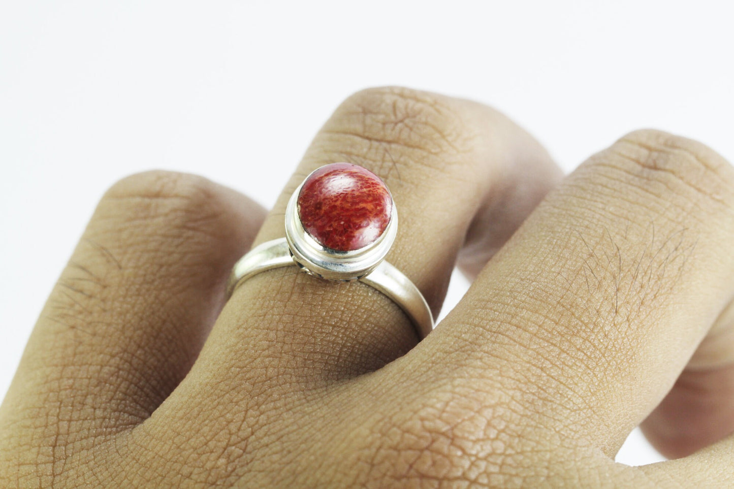 Red coral ring 925 sterling silver decorated with handmade filigree