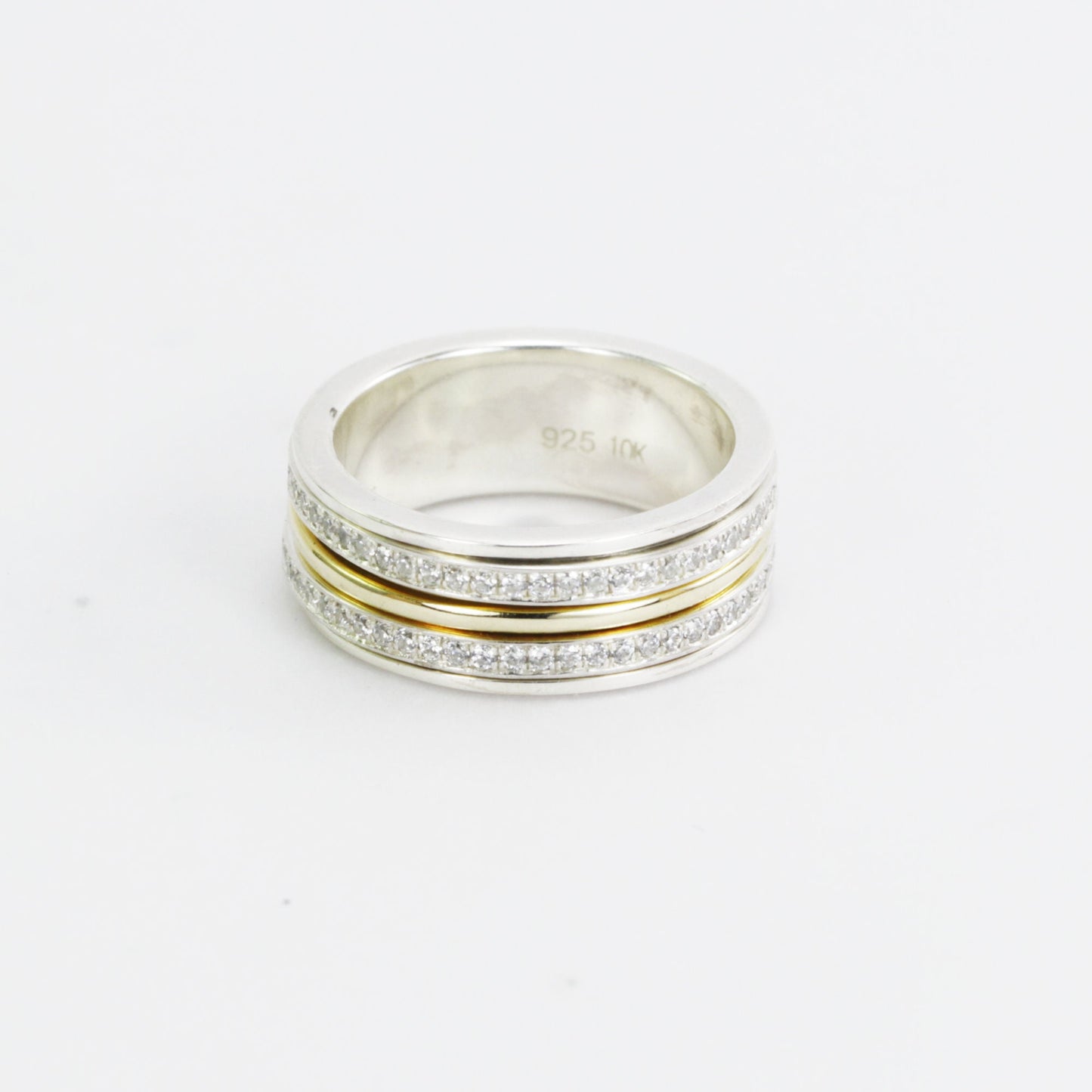Spinning ring 925 sterling silver with 10K yellow gold and white topaz, spinner ring