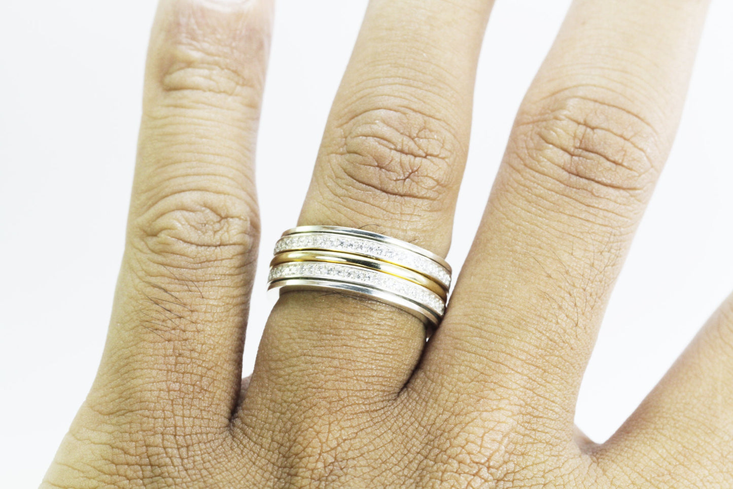 Spinning ring 925 sterling silver with 10K yellow gold and white topaz, spinner ring