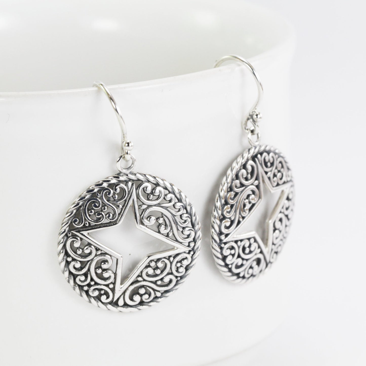 openwork circle earrings dangle drop 925 sterling silver, filigree earrings, cable rope earrings