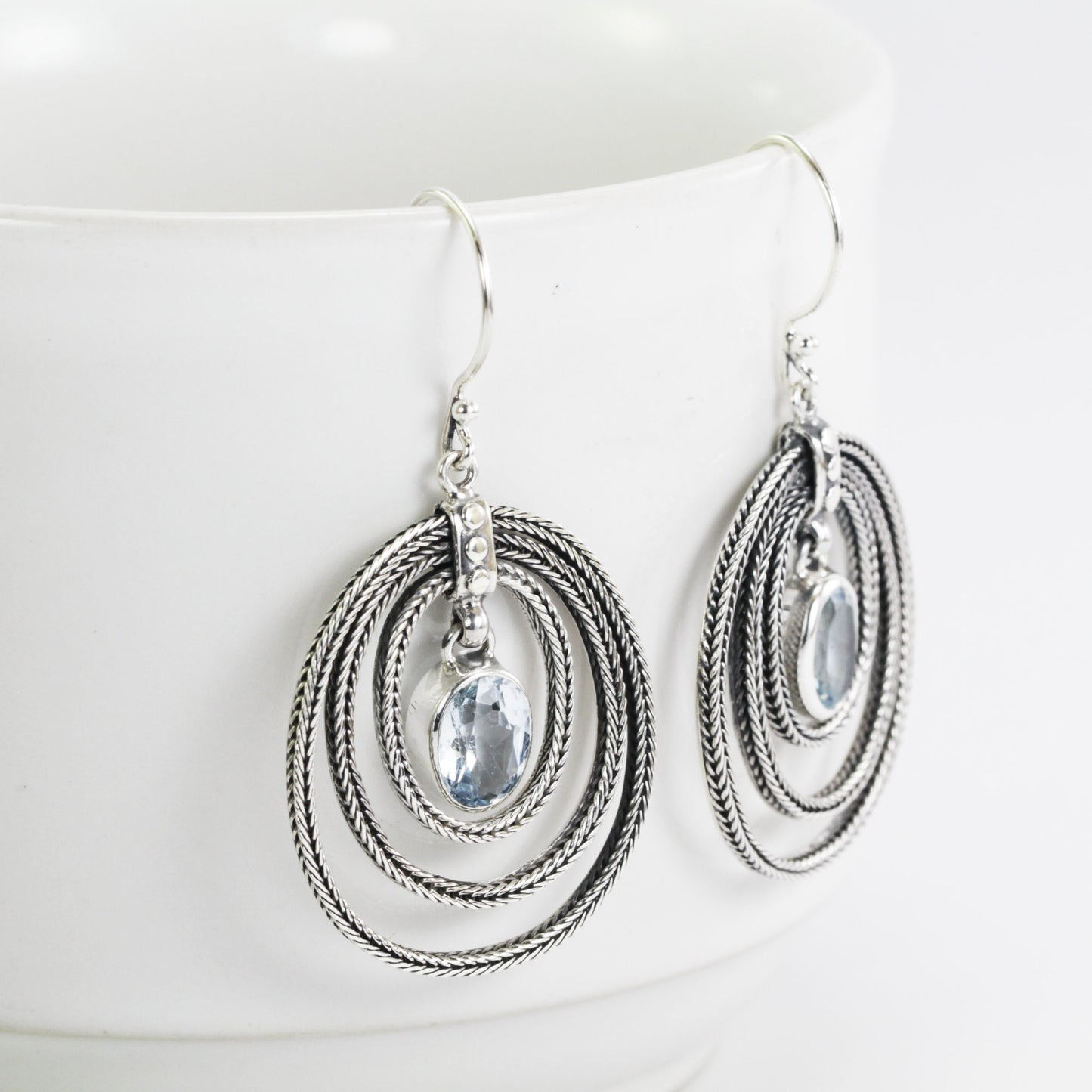 blue topaz earrings dangle drop 925 sterling silver decorated with dragon bone chain