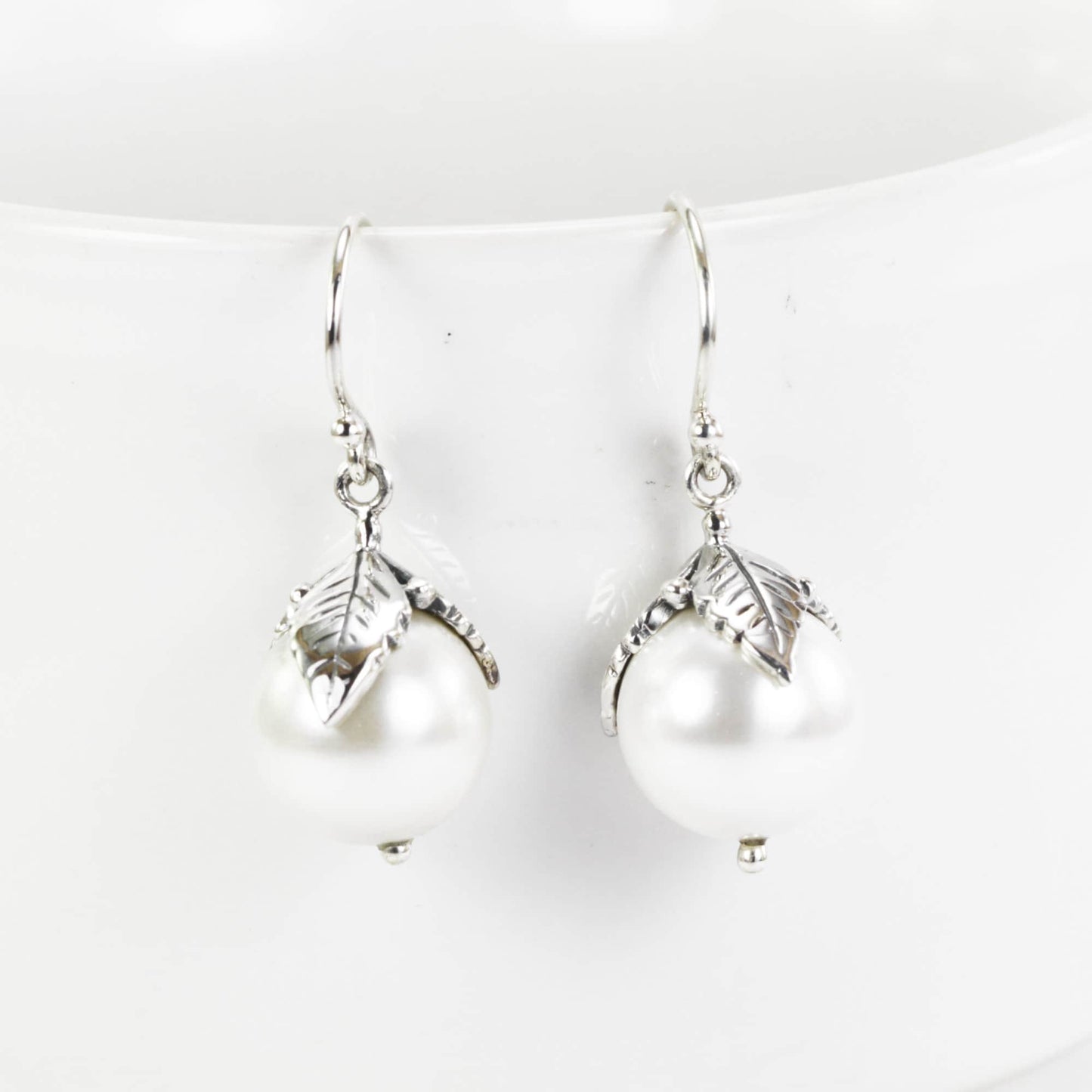 silver leaf earrings 925 sterling silver with genuine fresh water pearl, pearl earrings