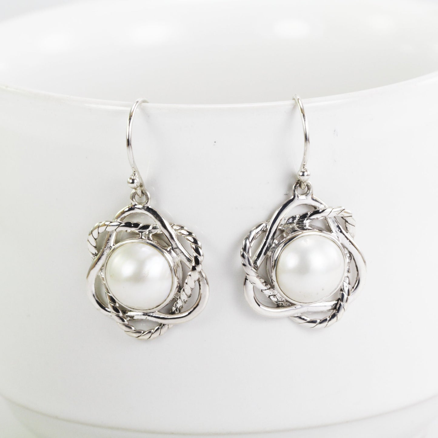 White mabe pearl earrings set in 925 sterling silver, 12 mm mabe pearl earrings