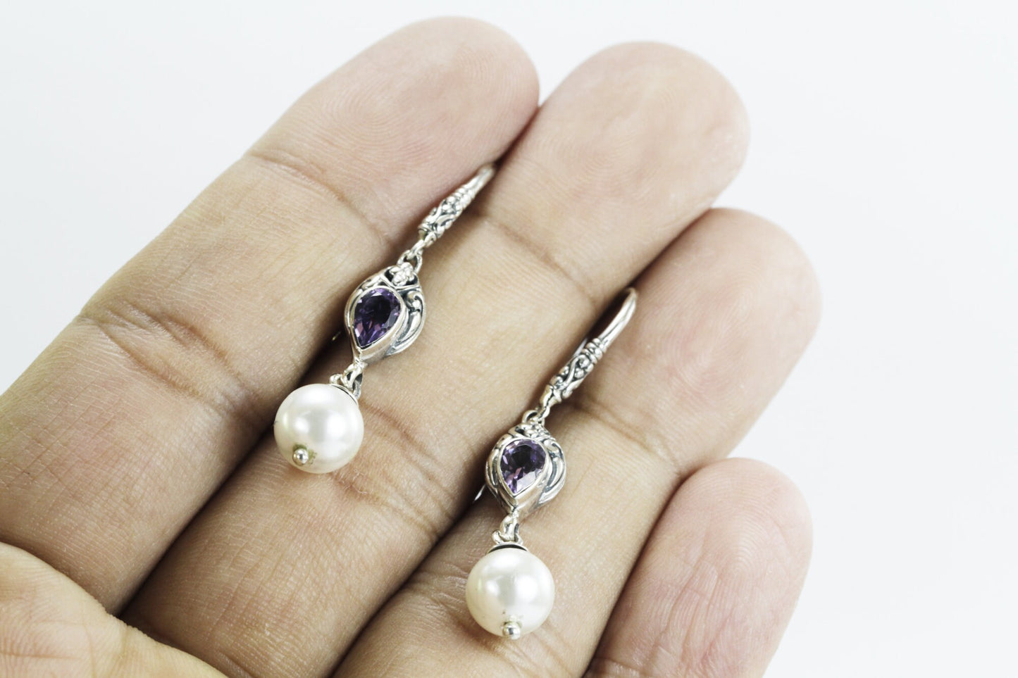 Amethyst earrings dangle drop 925 sterling silver with genuine fresh water pearl decorated with filigree