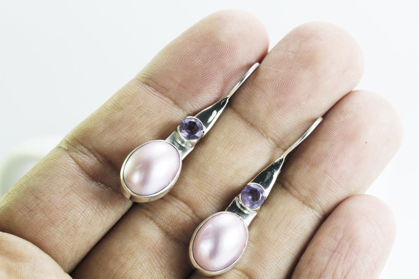 Pink pearl earrings with amethyst set in 925 sterling silver, pink mabe earrings, amethyst
