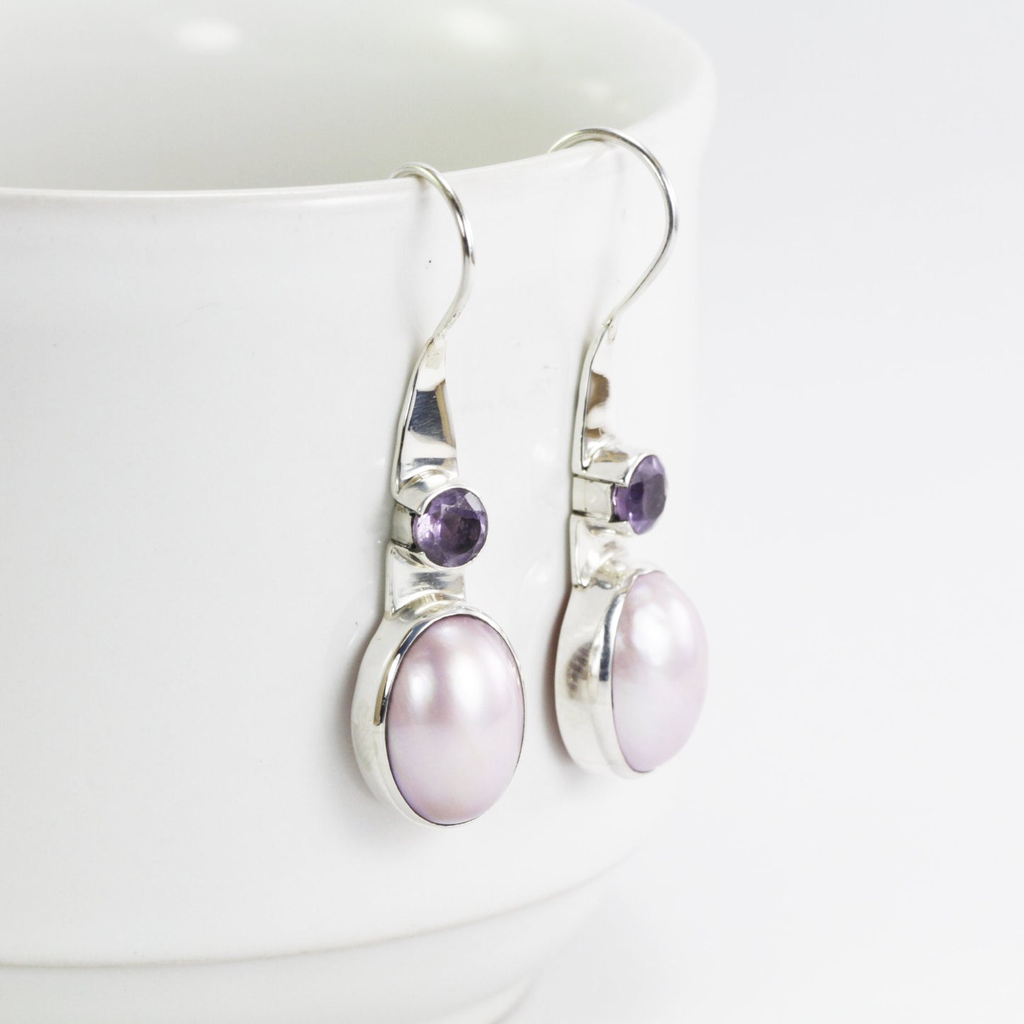 Pink pearl earrings with amethyst set in 925 sterling silver, pink mabe earrings, amethyst