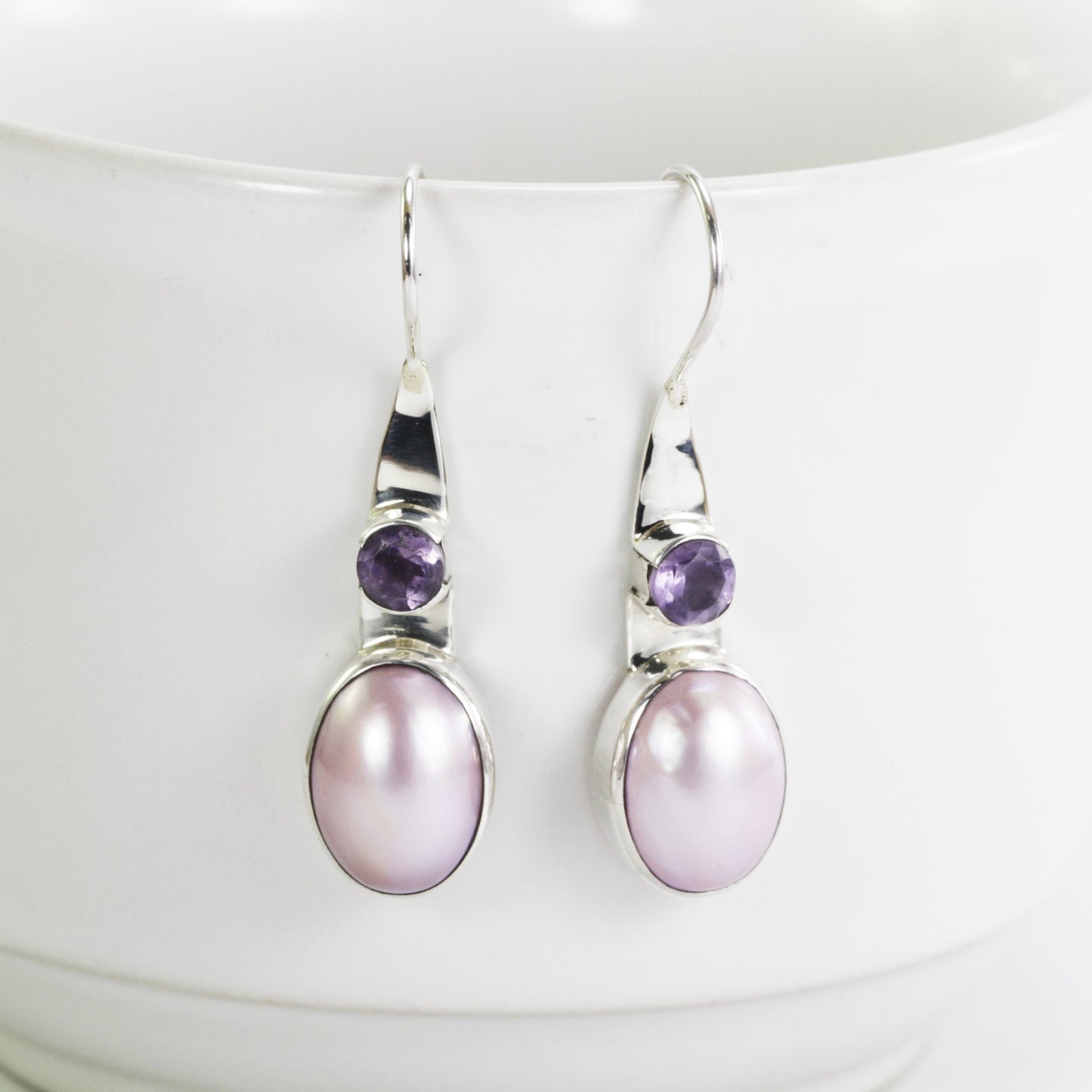 Pink pearl earrings with amethyst set in 925 sterling silver, pink mabe earrings, amethyst