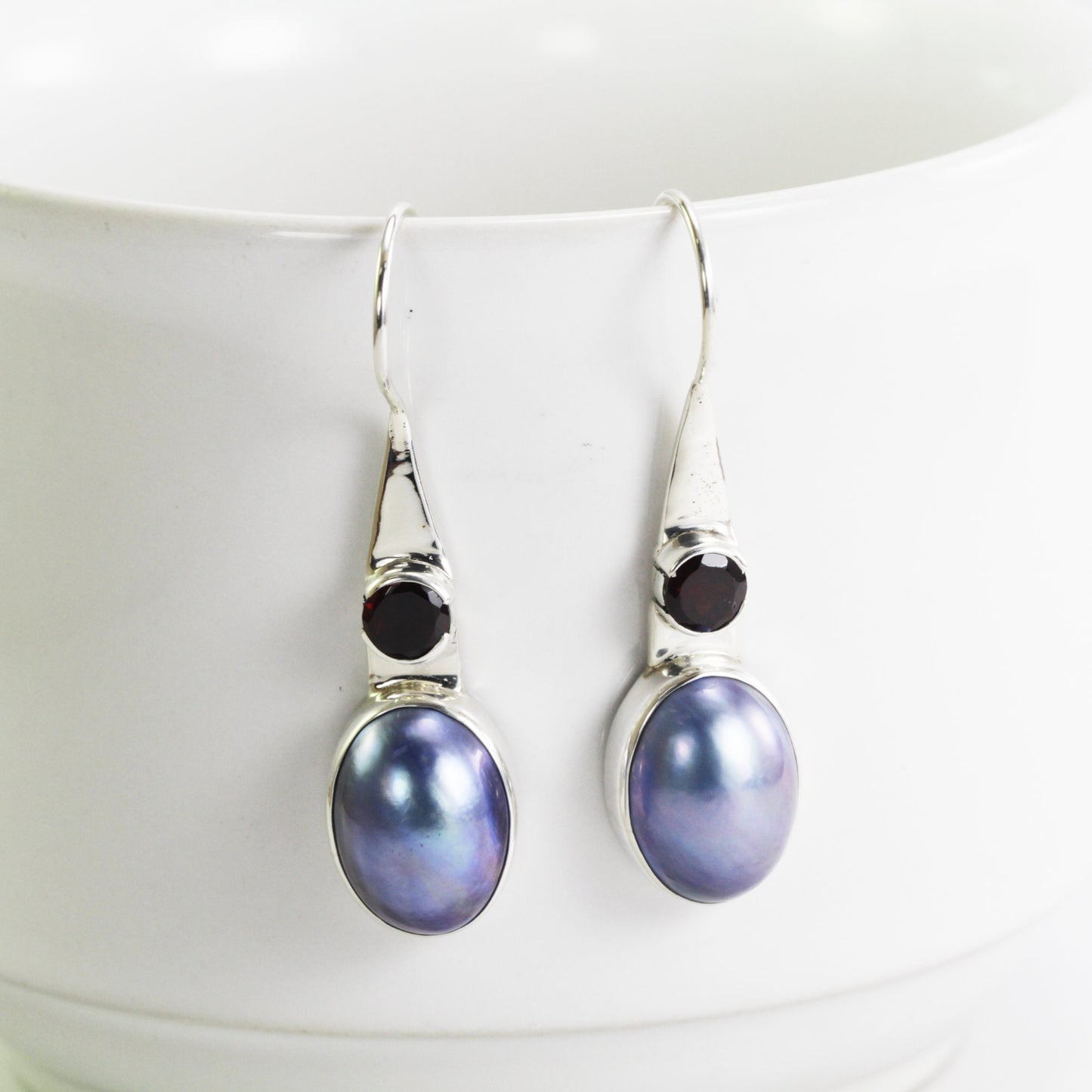 Pink pearl earrings with amethyst set in 925 sterling silver, pink mabe earrings, amethyst