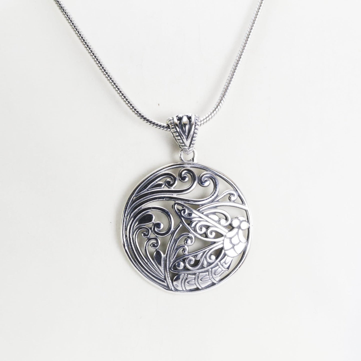 Dragonfly necklace pendant 925 sterling silver with open work filigree, round silver pendant