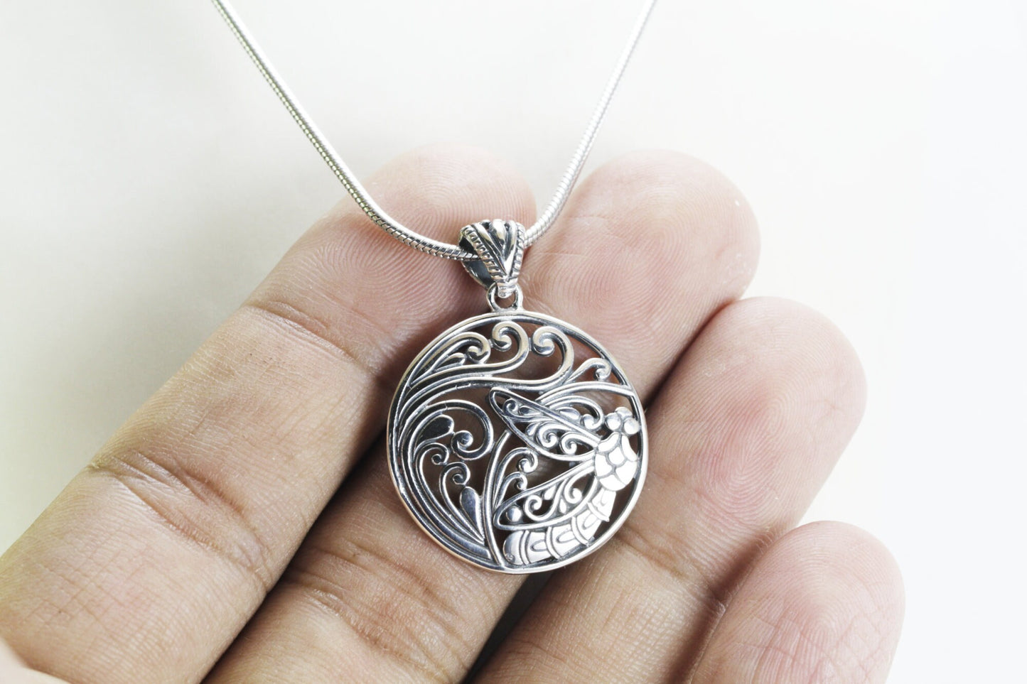 Dragonfly necklace pendant 925 sterling silver with open work filigree, round silver pendant