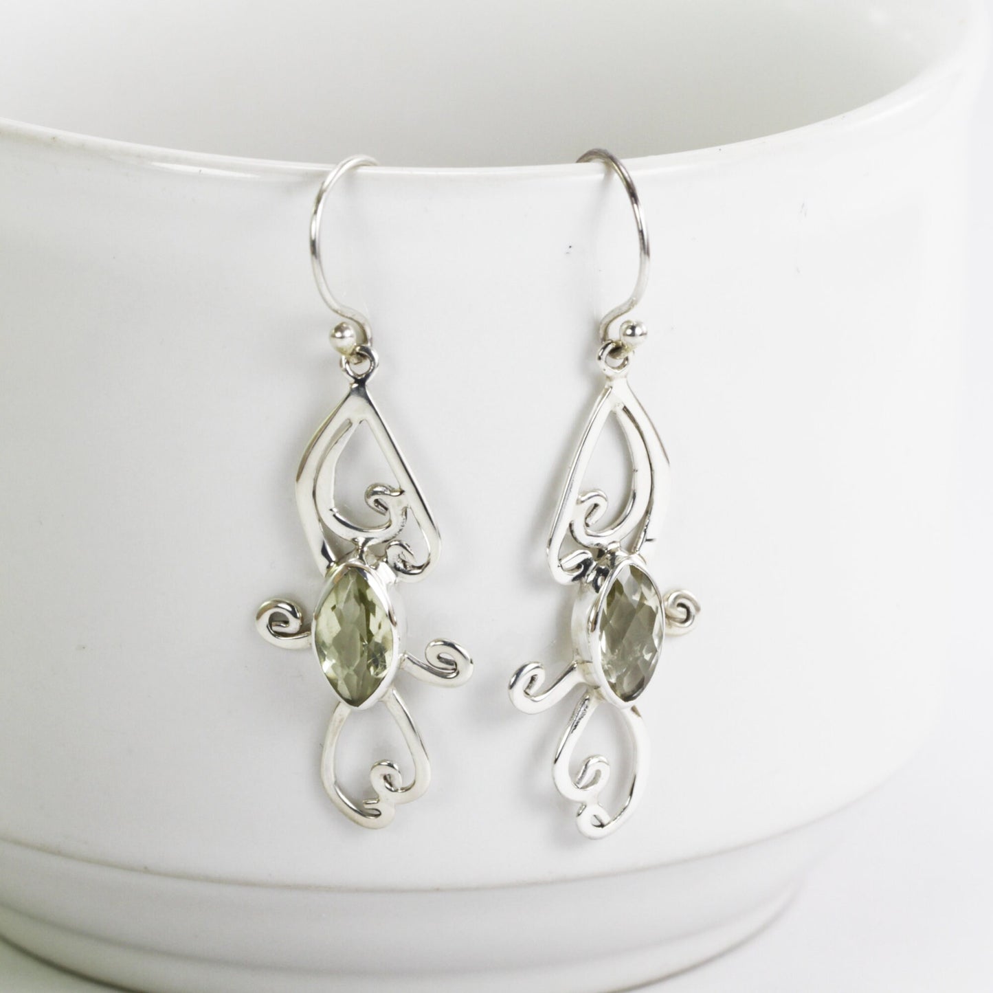 Lemon quarts earrings dangle set in 925 sterling silver decorated with elegant swirl filigree