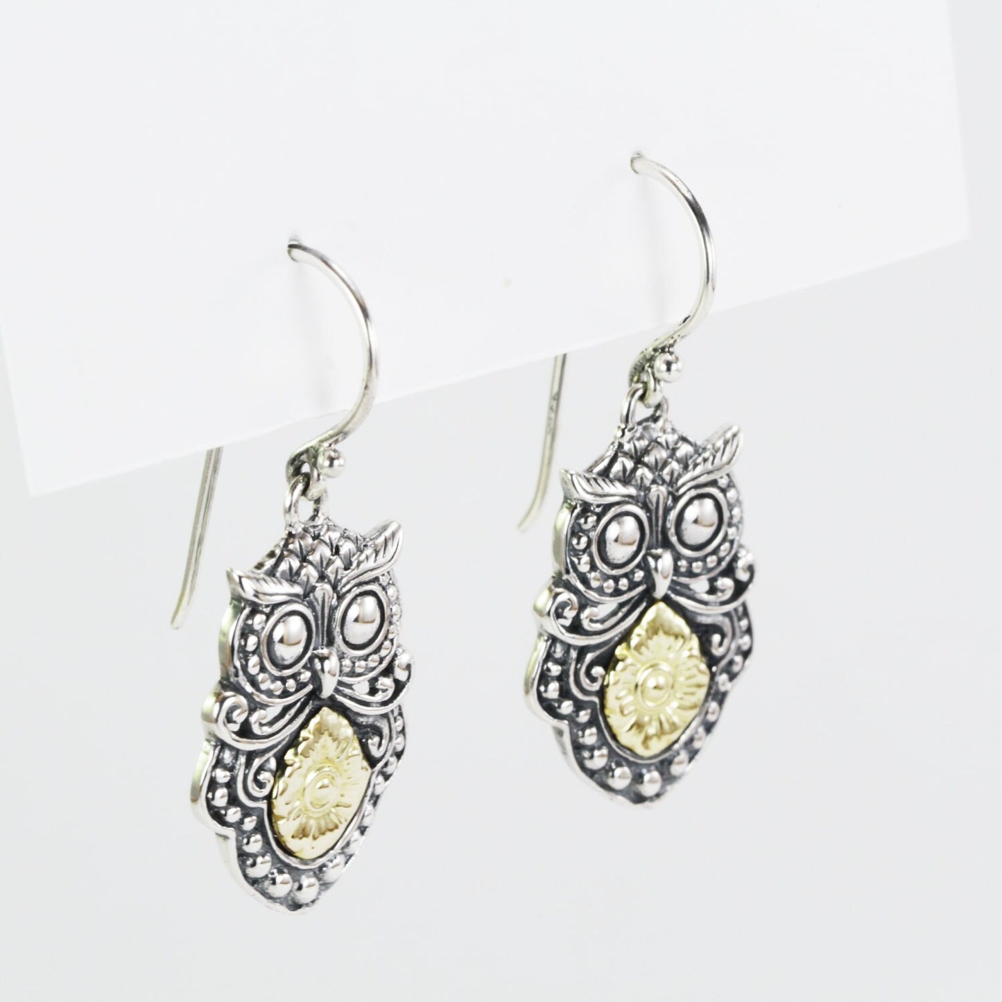 Owl earrings 925 sterling silver combined with real gold 18K dangle drop