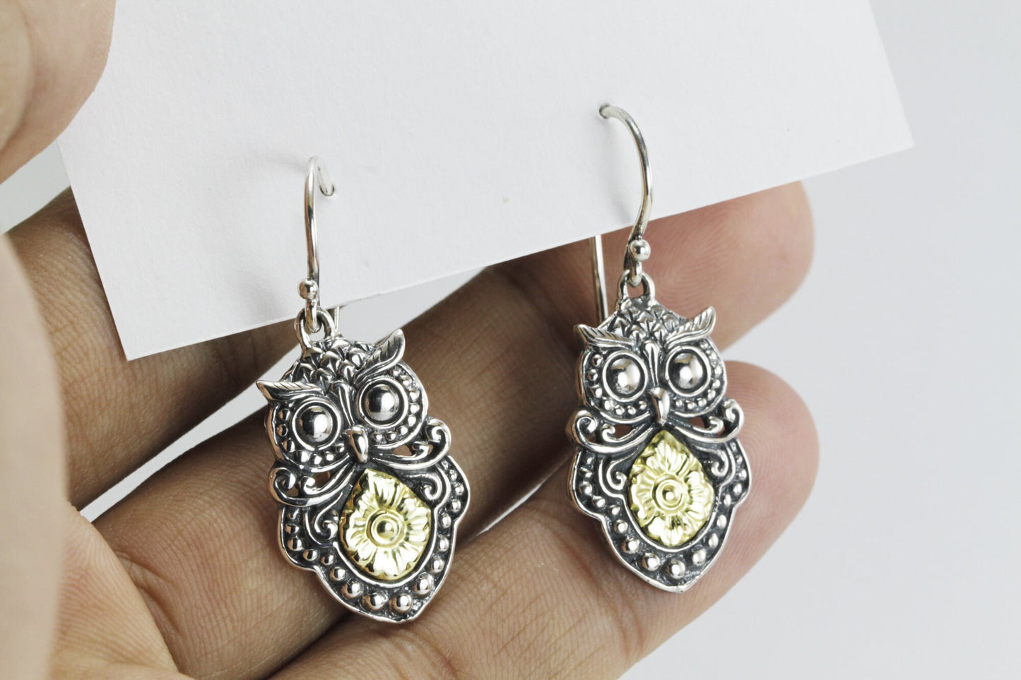 Owl earrings 925 sterling silver combined with real gold 18K dangle drop