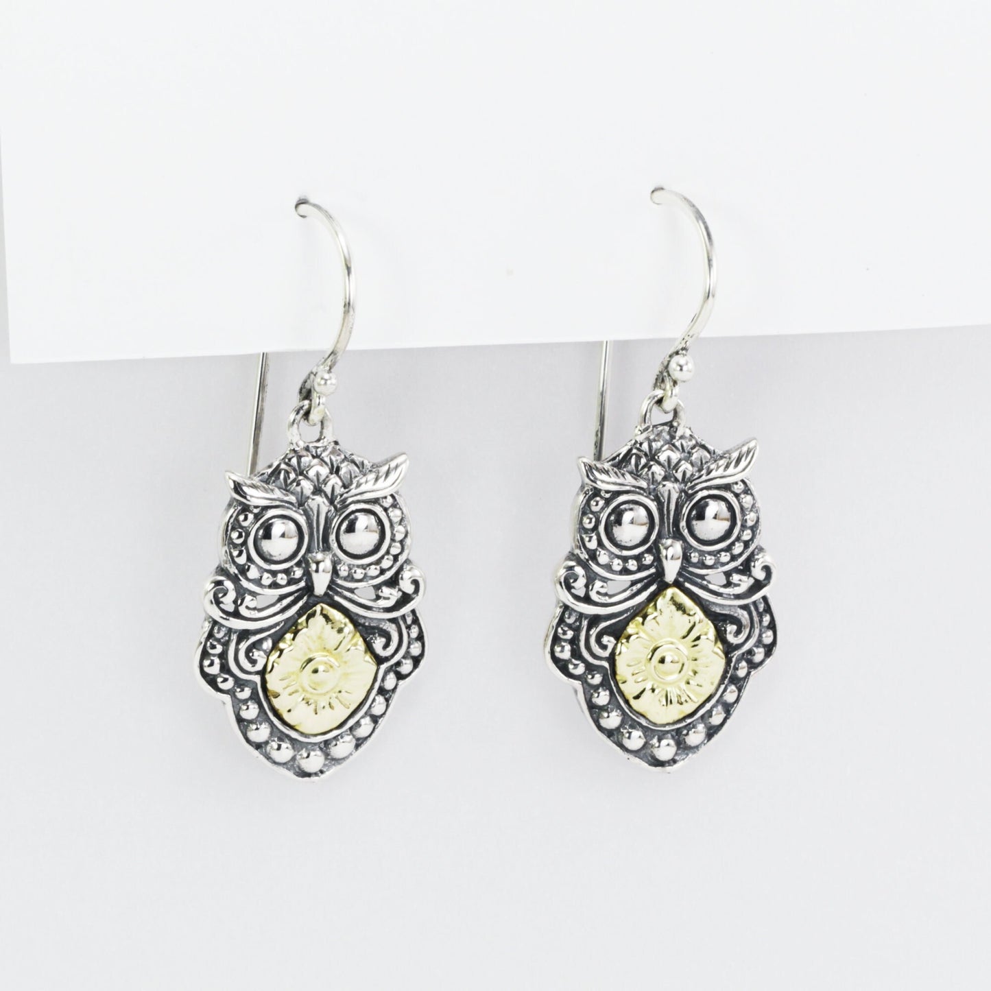 Owl earrings 925 sterling silver combined with real gold 18K dangle drop
