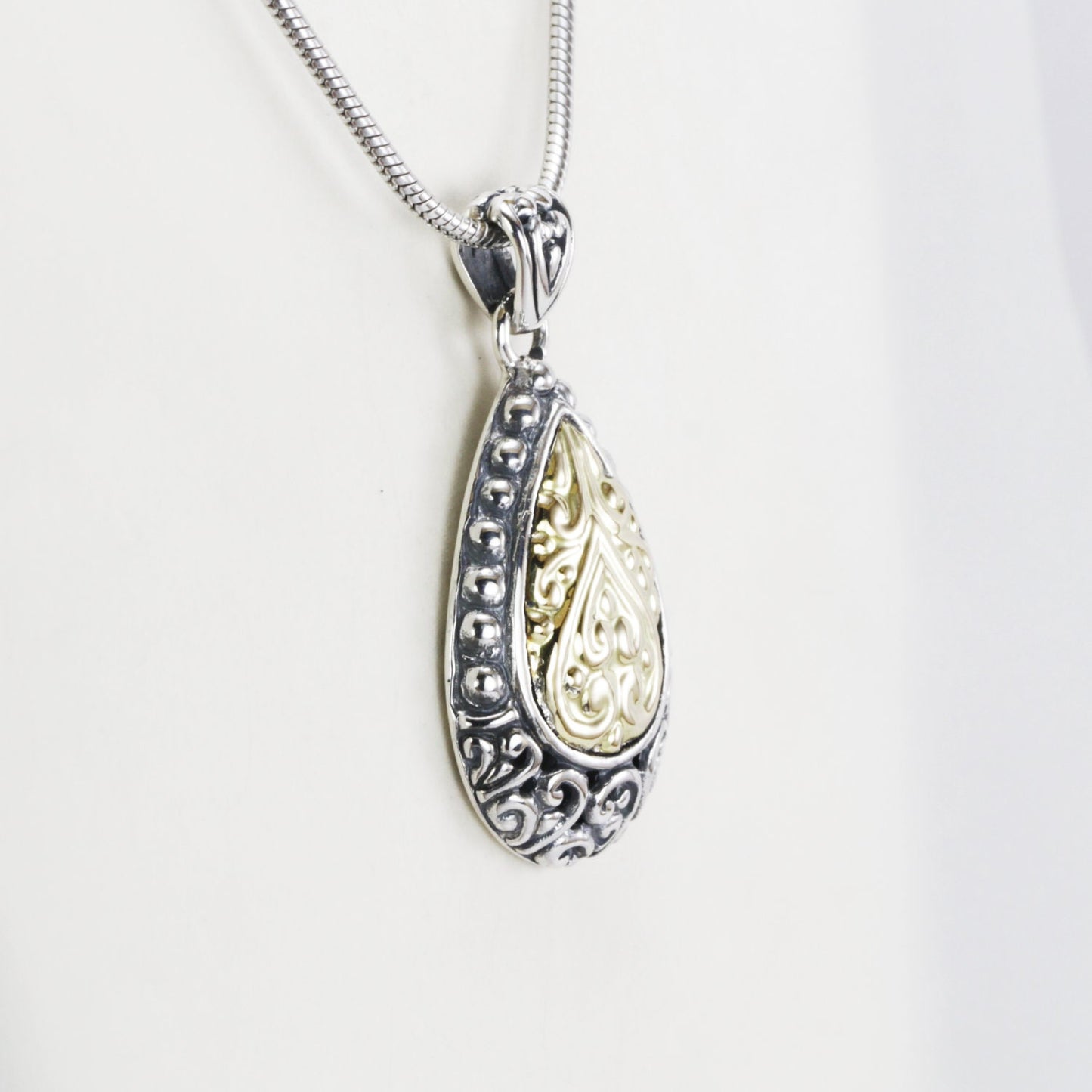 Teardrop pendant necklace real 18K gold on 925 sterling silver , two tone pendant