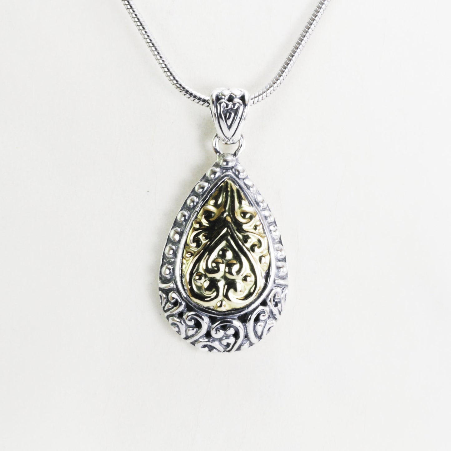 Teardrop pendant necklace real 18K gold on 925 sterling silver , two tone pendant