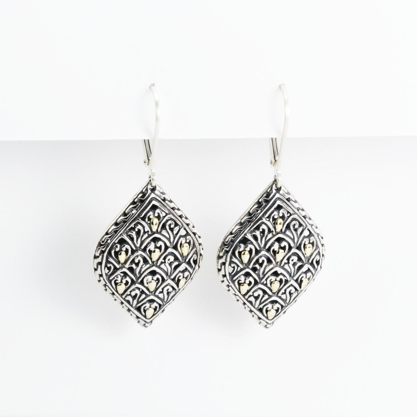 filigree earrings dangle 925 sterling silver decorated with Dragon skin art and 18K yellow gold franch lock