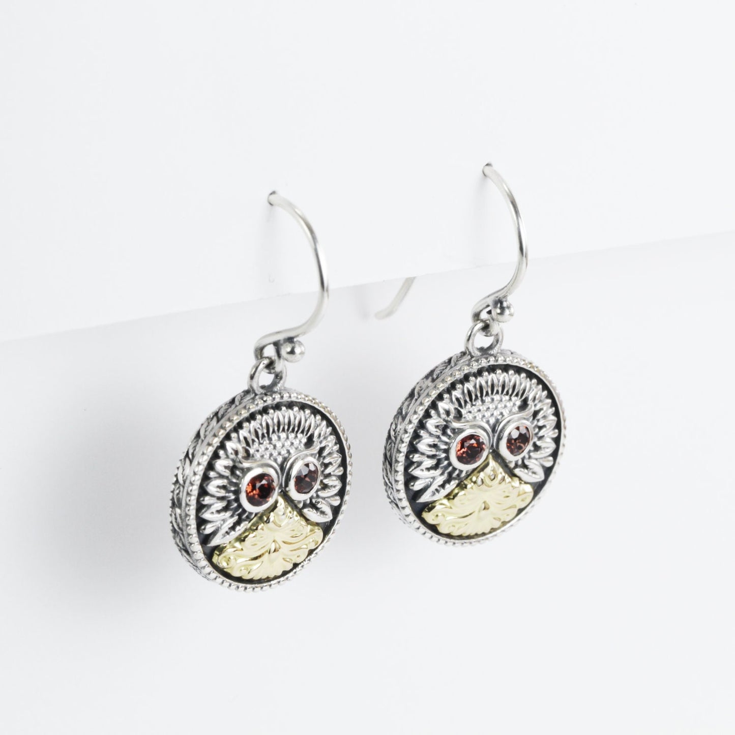 Owl bird earrings 925 sterling silver combined with real gold 18K dangle drop