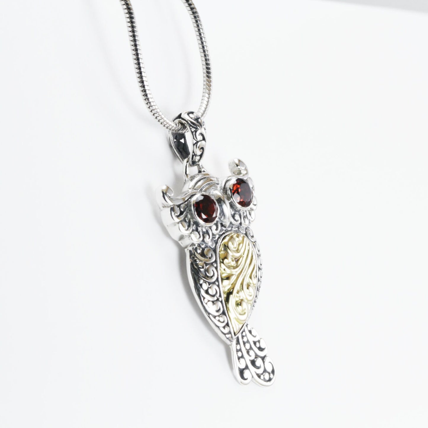 Owl Bird Pendant necklace 18K yellow gold in 925 sterling silver dangle with genuine red garnet on the eyes