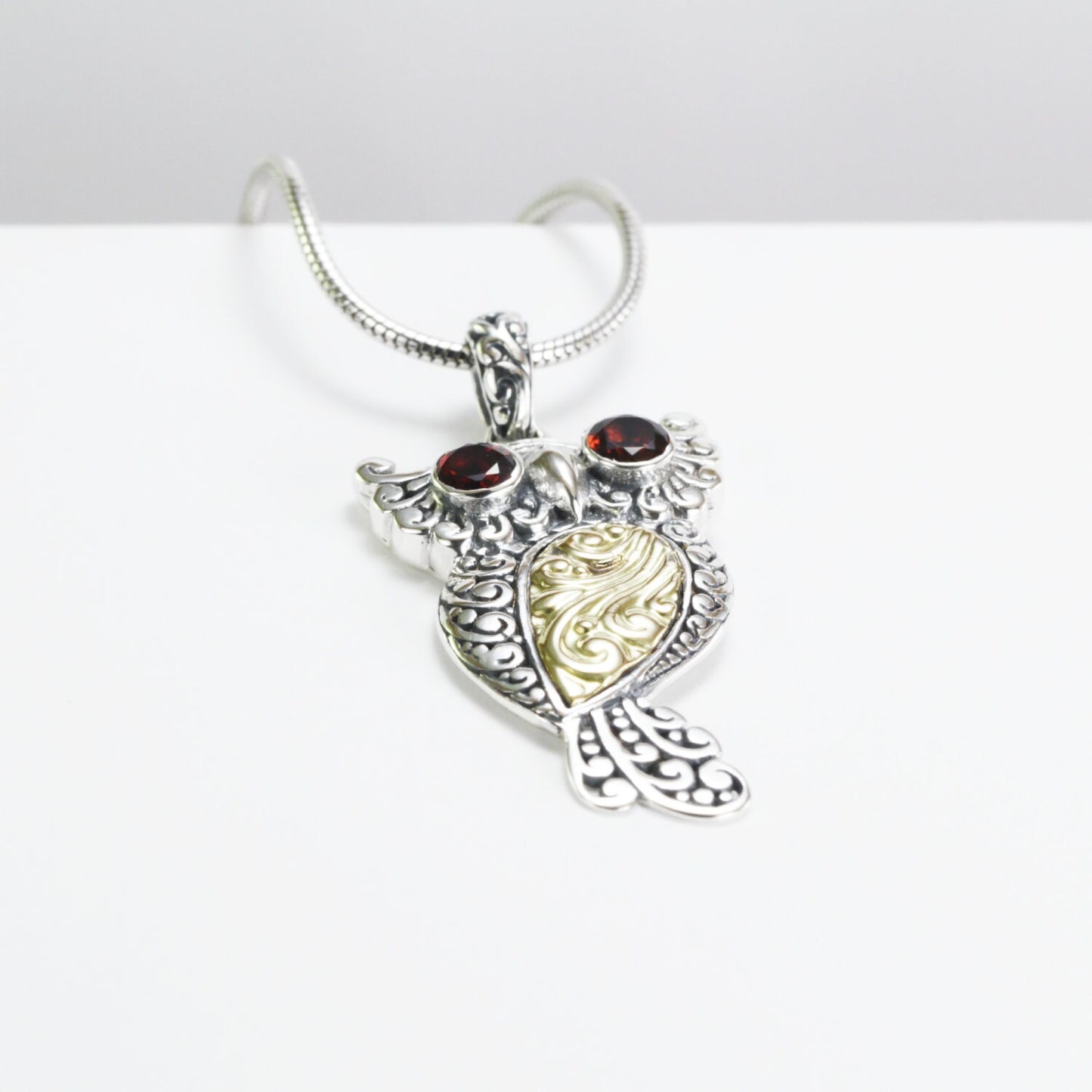 Owl Bird Pendant necklace 18K yellow gold in 925 sterling silver dangle with genuine red garnet on the eyes