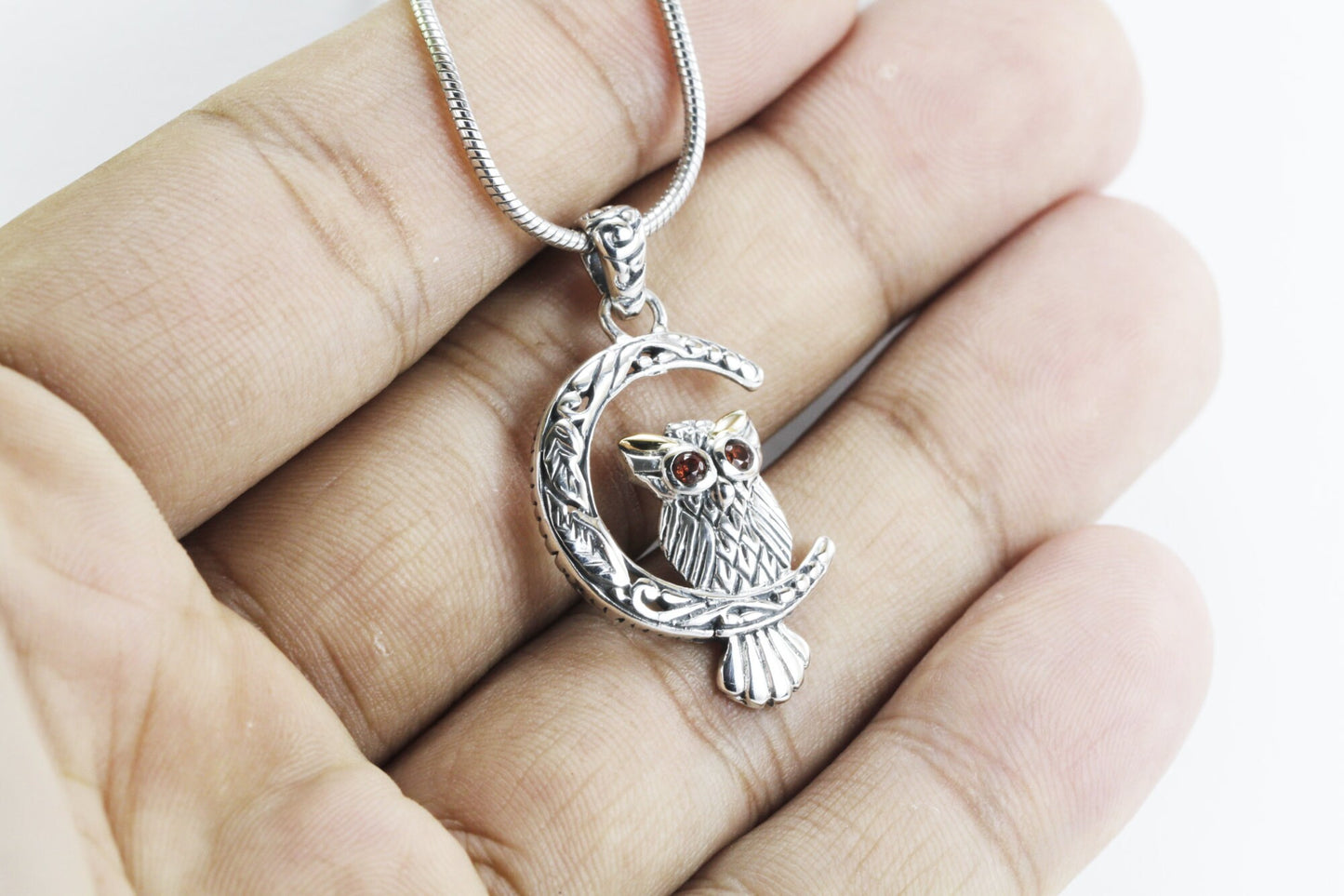 Owl pendant necklace 925 sterling silver decorated with red garnet and 18k Gold