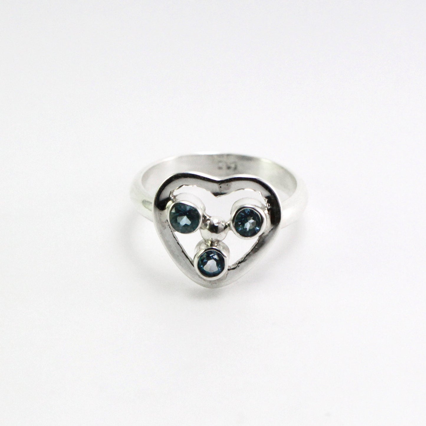 three stones ring heart shape 925 sterling silver blue topaz ring